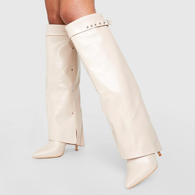 White Genuine Leather Fold Rivet Decor Stiletto Heel Knee High Boots Nicepairs