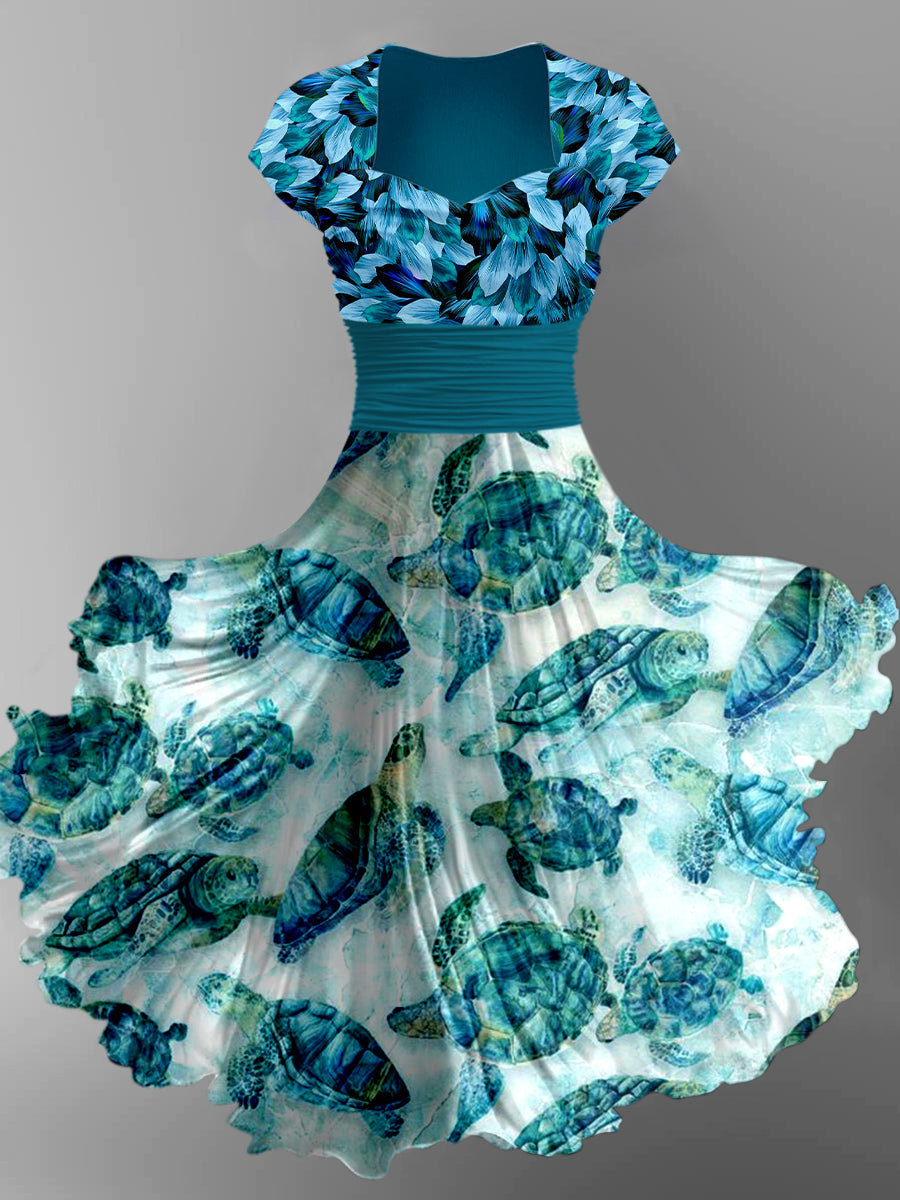 Sea Turtle Print Vintage Chic Short Sleeve Midi Dress