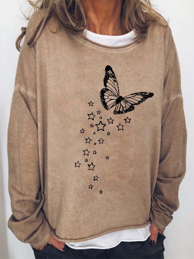 Long Sleeve Crew Neck Butterfly Stars Printed Casual Sweatshirt
