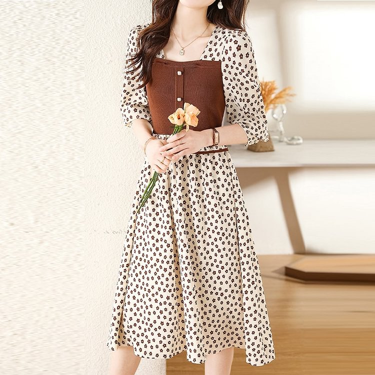 Coffee Paneled A-Line Floral Casual Dresses QueenFunky