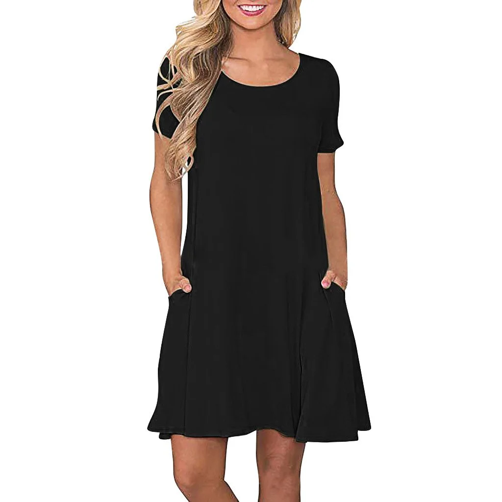 Casual Cotton Dress with Pockets Crew Neck Solid ColorsDresses for Formal