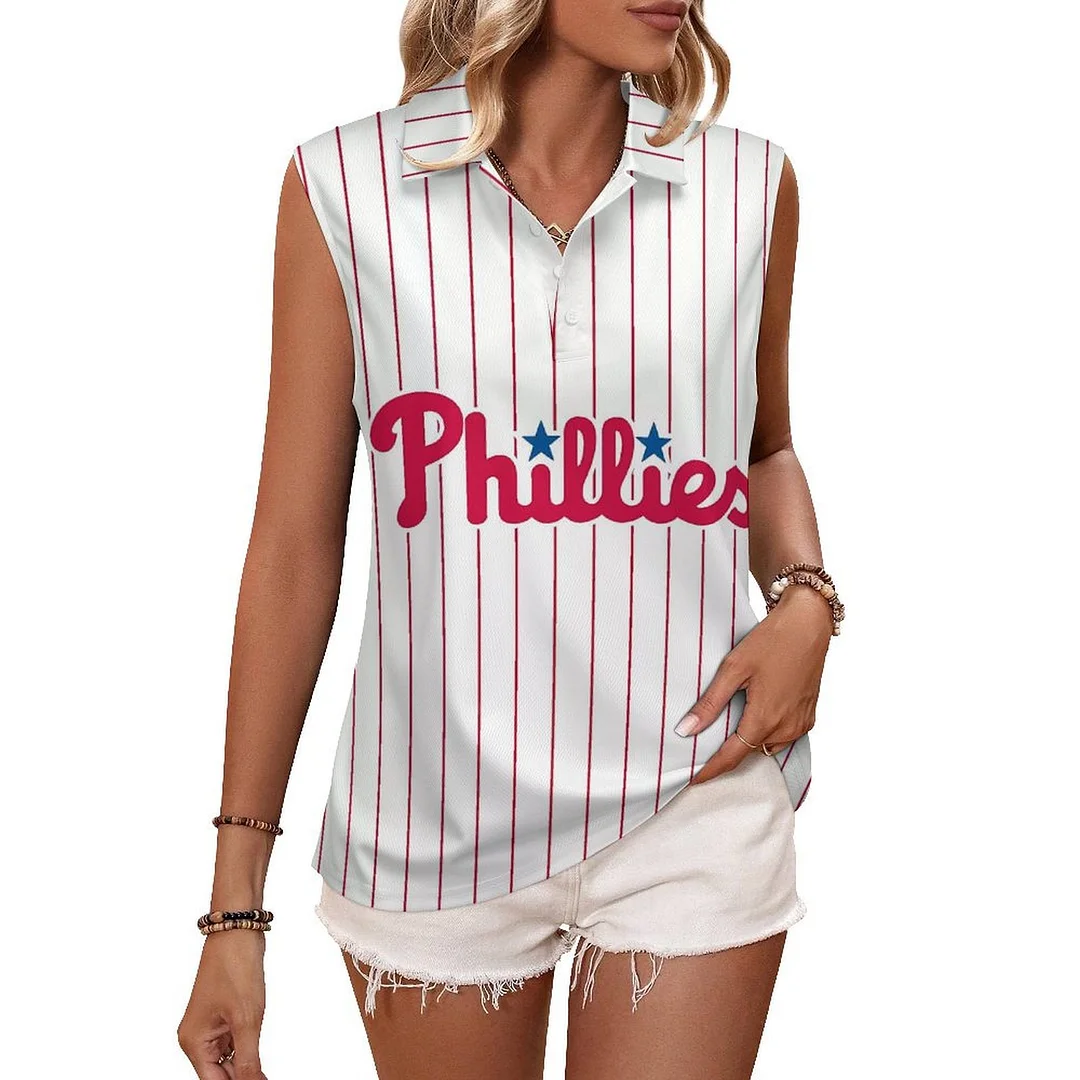 V-neck Sleeveless Casual POLO Shirt Tank Top for Women Printed with Pattern Philadelphia Phillies, Blue, Red