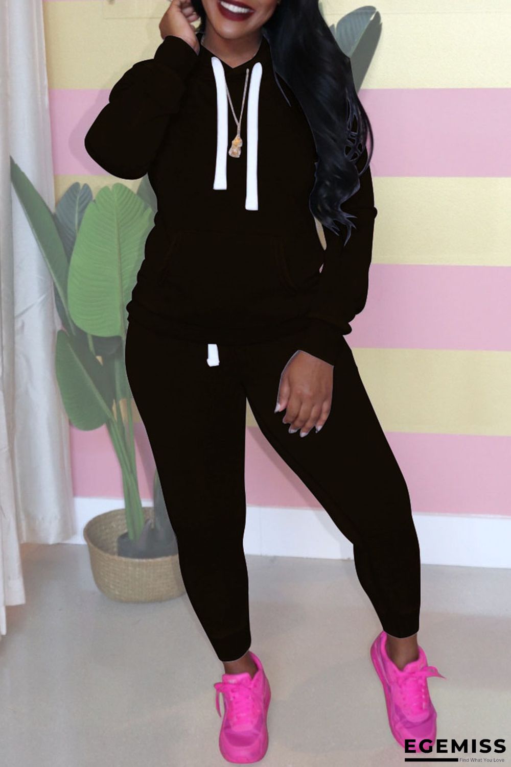 Black Casual Solid Hooded Collar Plus Size | EGEMISS