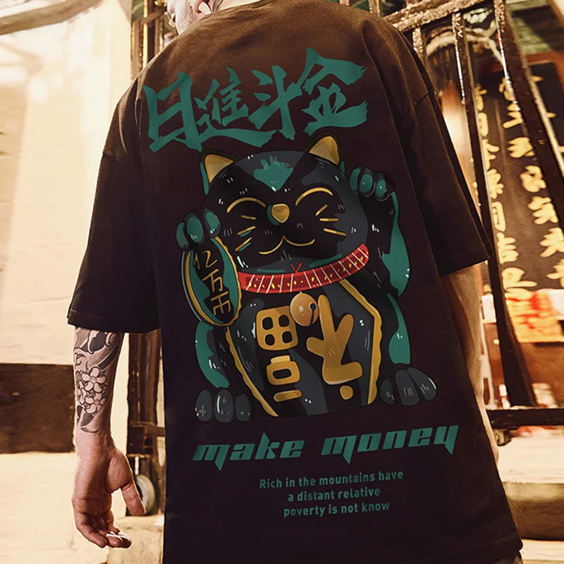 "Lucky Cat Make Money" Asian Culture Print T-shirt Techwear Shop