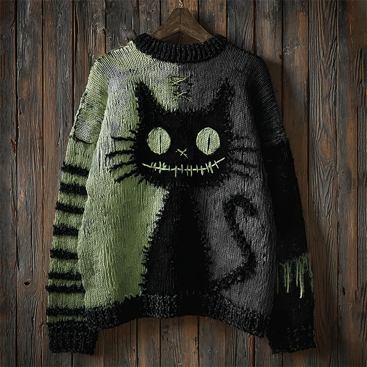 Halloween Black Cat Stitched Contrast Stitched Cozy Knit Sweater