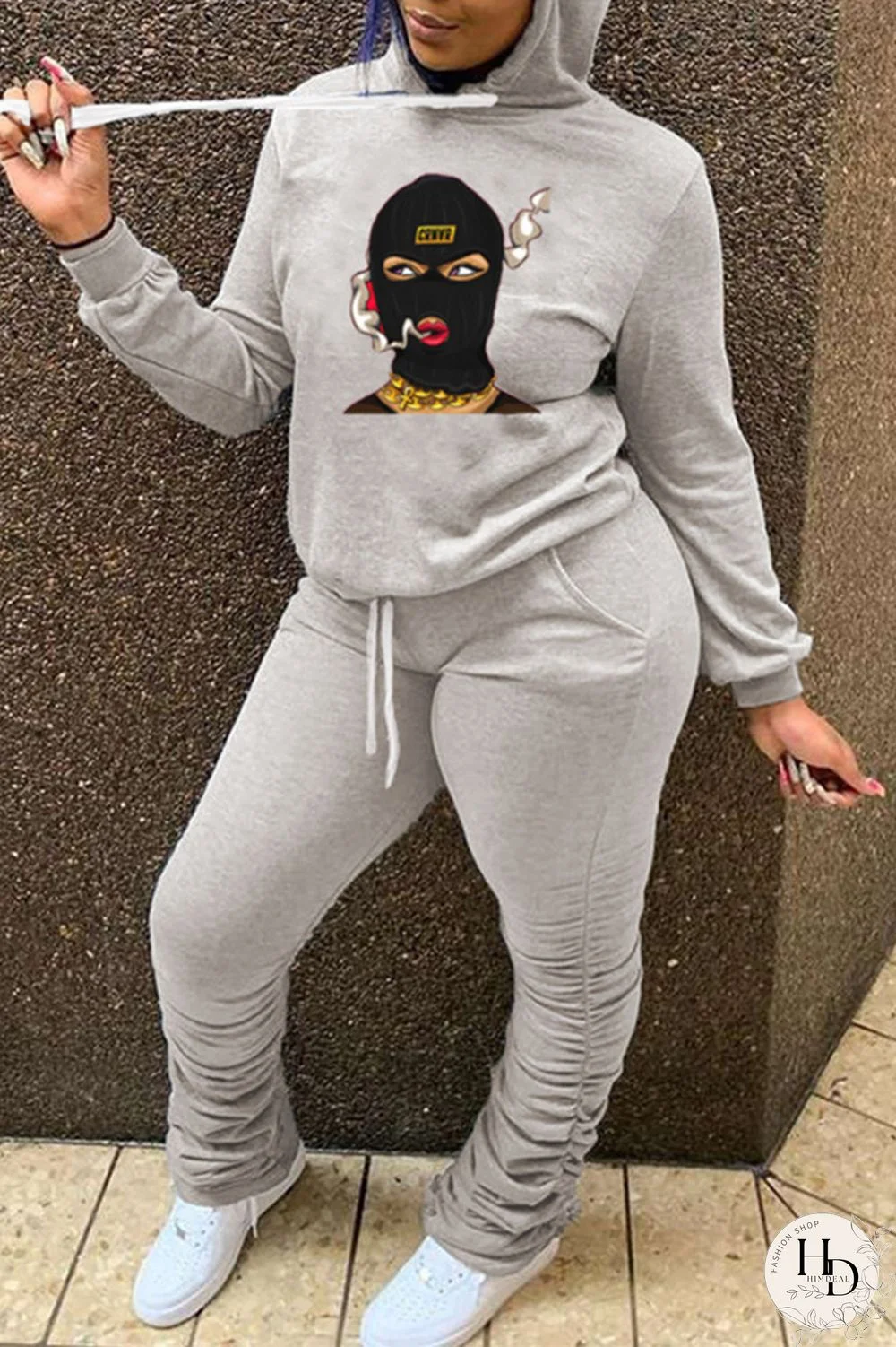 Grey Fashion Casual Print Basic Hooded Collar Long Sleeve Two Pieces