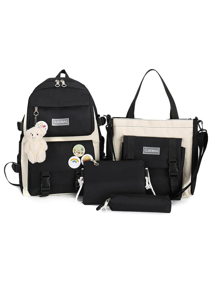 Women Fashion Canvas Hit Color Backpack Shoulder Bag Pencil Case (Black)
