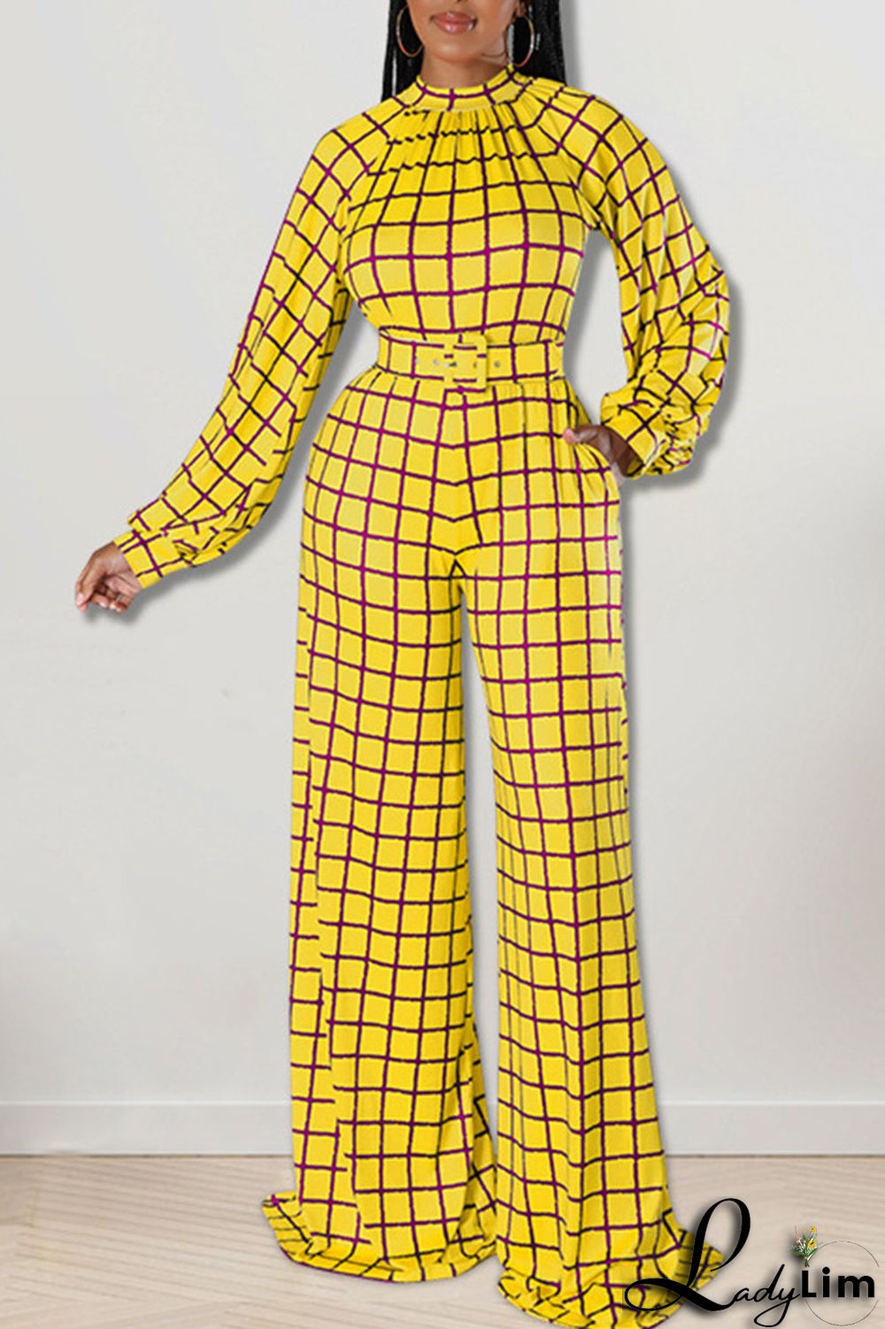 Tangerine Casual Plaid Print Patchwork O Neck Straight Jumpsuits
