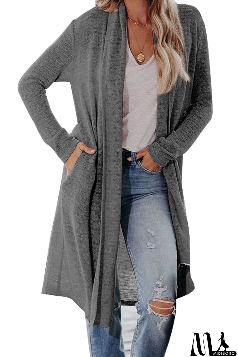 MidiSono - Slouchy Pocketed Knit Longline Cardigan