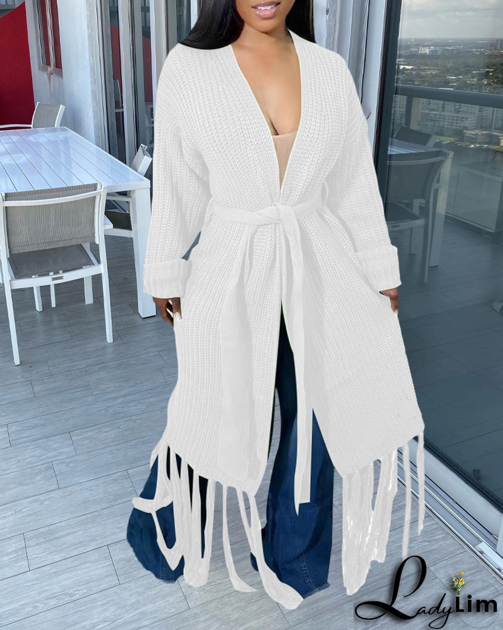 Women Long Sleeve Fringe Cardigan Sweater