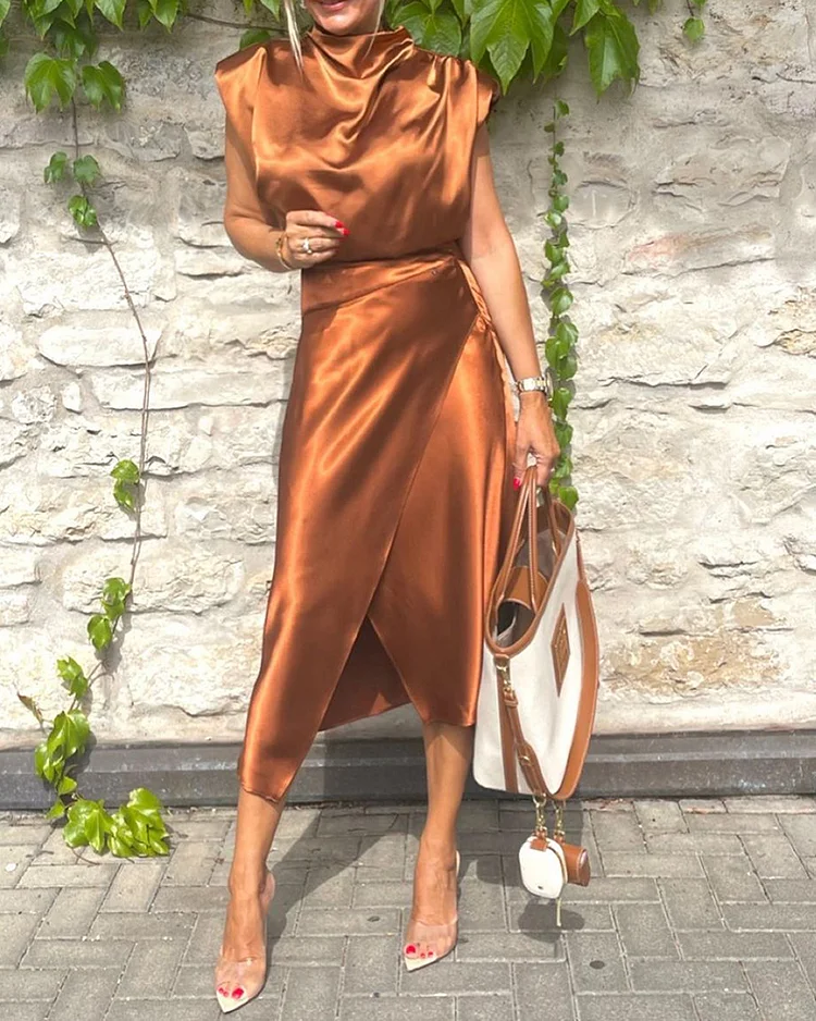 Satin Split Dress With Shoulder Pads