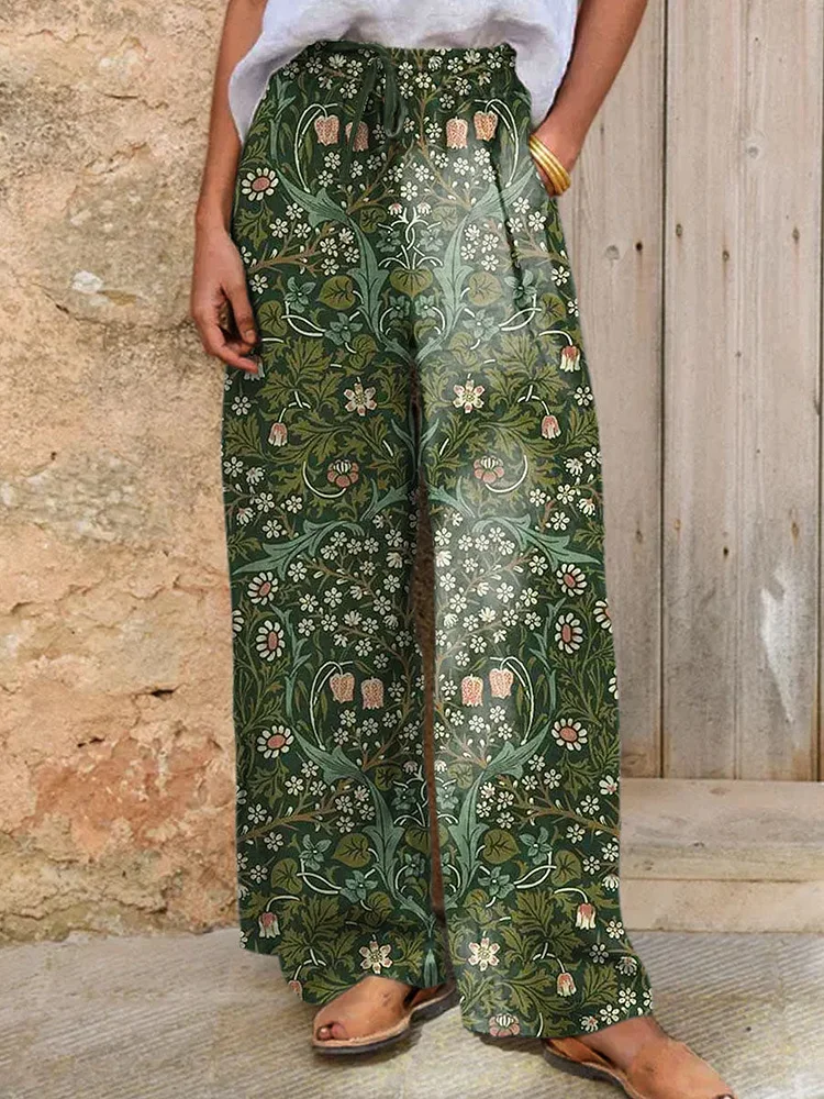 Women's Vintage Floral Art Printed Cotton And Linen Casual Pants