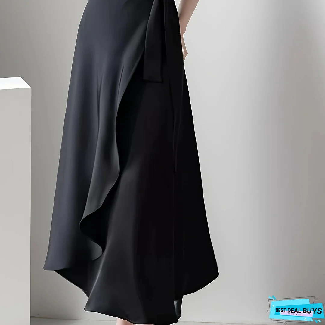 Solid High Waist Draped Skirt, Elegant Lace Up Flared Swing Midi Skirt, Women's Clothing