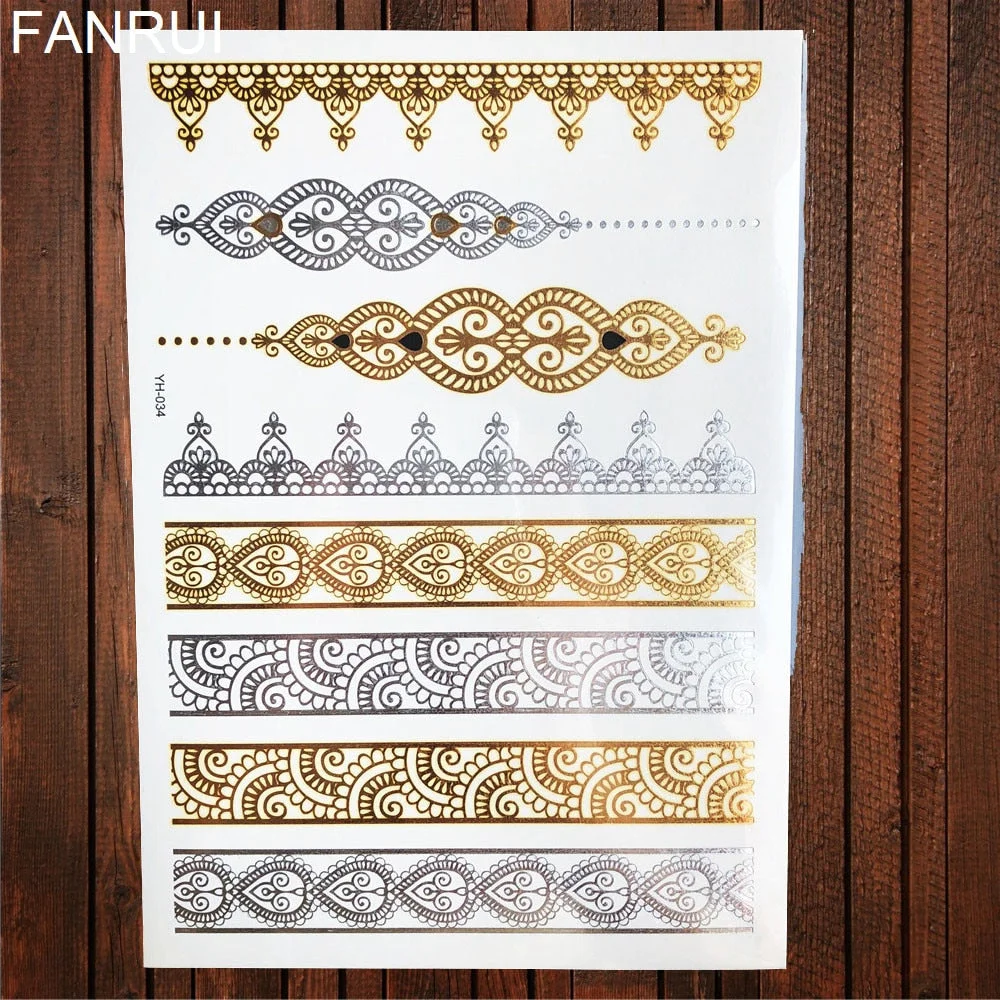 Golden Metallic Bracelet Temporary Tattoo Henna Mandala Flower Girl Tattoo Stickers Indian Chain Women Arm Flash Fake Tatoos Leg