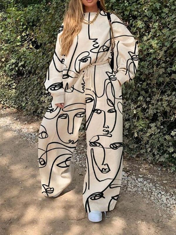 Casual Personality Loose Round Neck Printed Sweater Suit