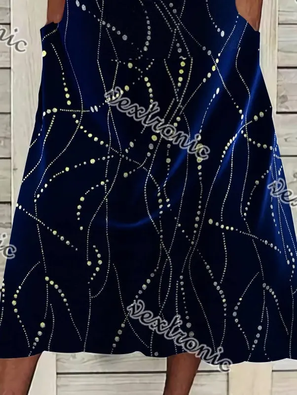 Women's Short Sleeve V-neck Printed Stitching Midi Dress With Pockets