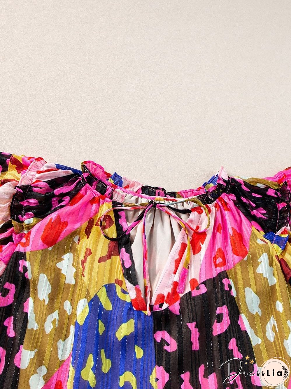 Rose Patchwork Leopard Print Ruffle Sleeve V Neck Blouse