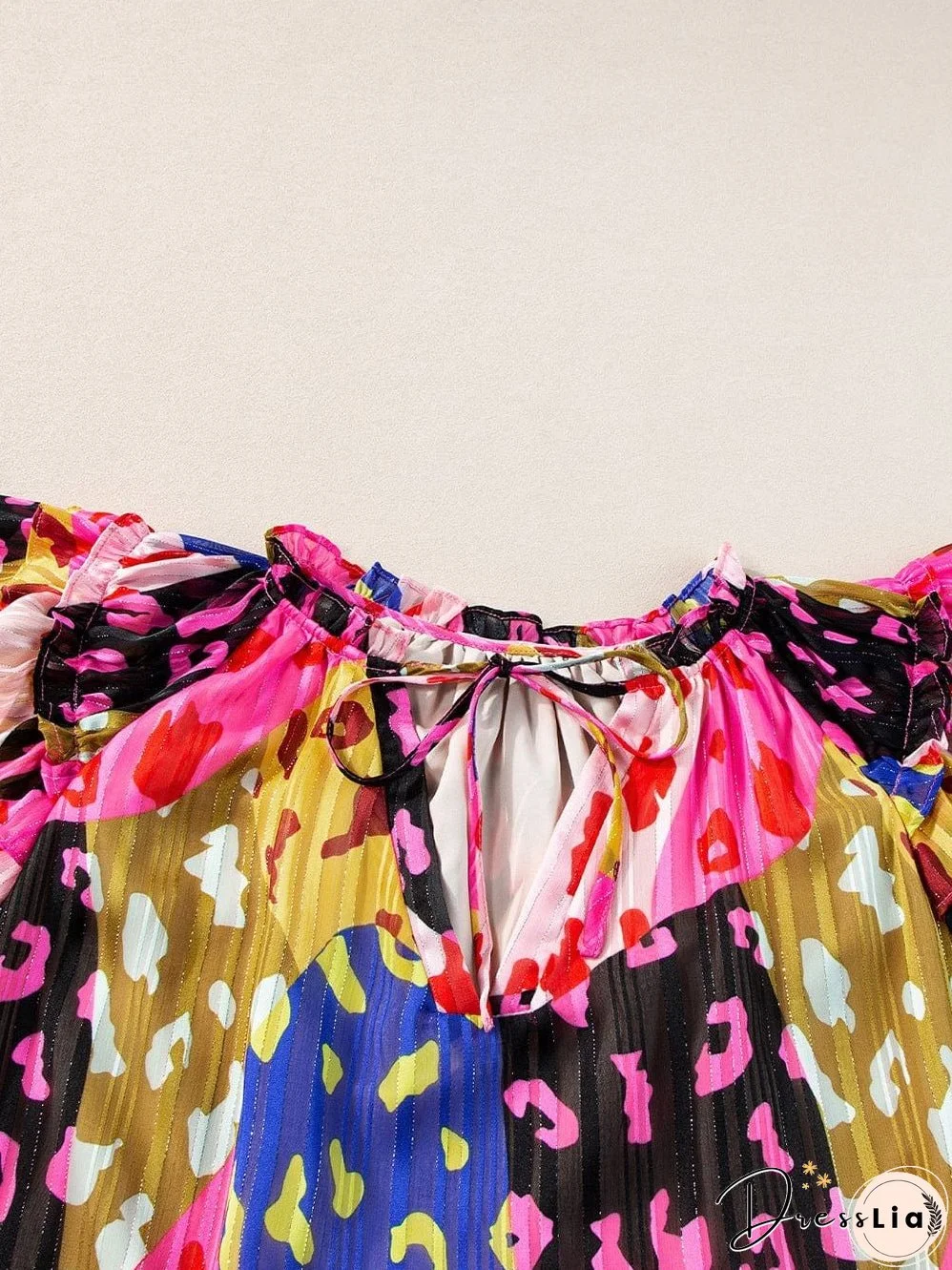 Rose Patchwork Leopard Print Ruffle Sleeve V Neck Blouse