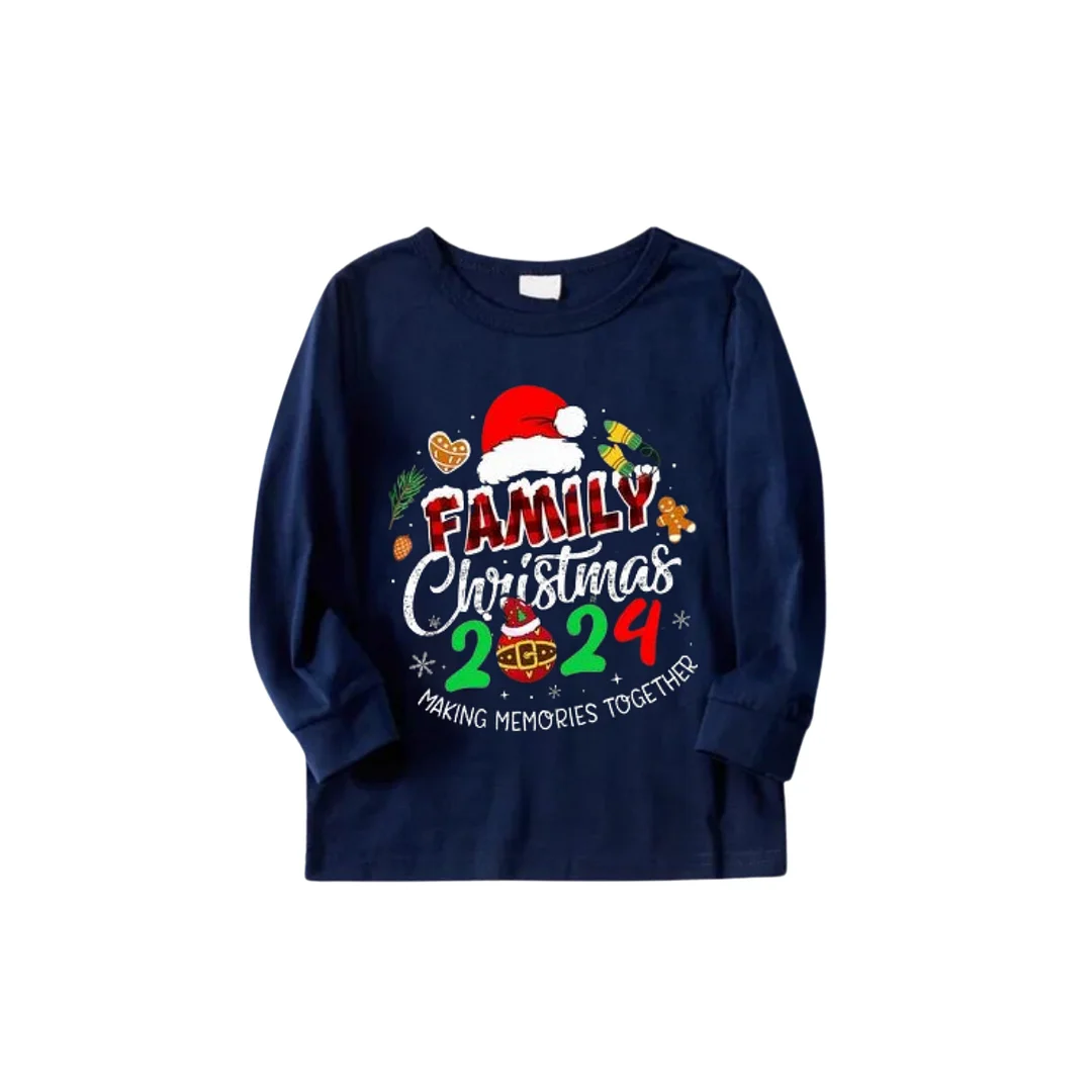 "Family Christmas 2024" Text and Santa Hat Prints Blue Long Sleeves Top with Red and Blue Plaid Pants Christmas Matching Pajamas