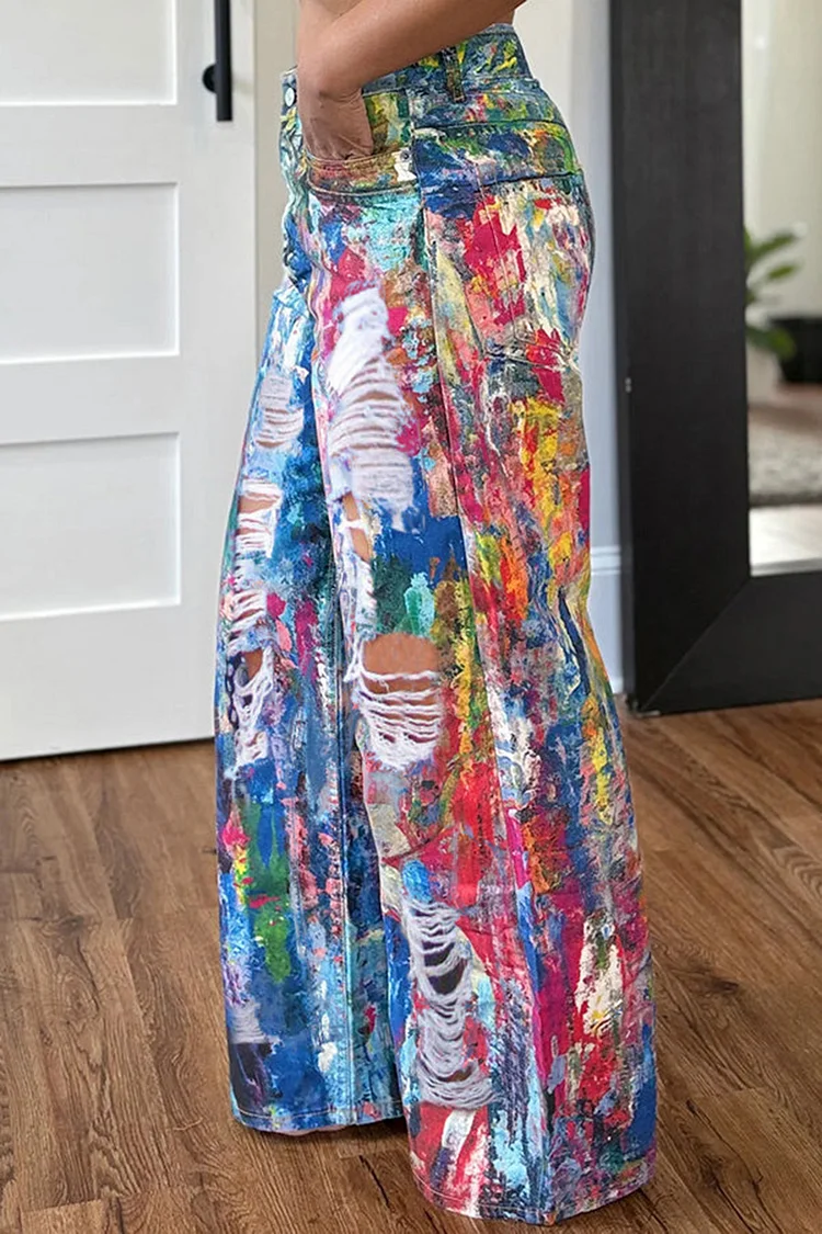 Plus Size Daily Multicolor Distressed Pocket Denim Jeans [Pre-Order]
