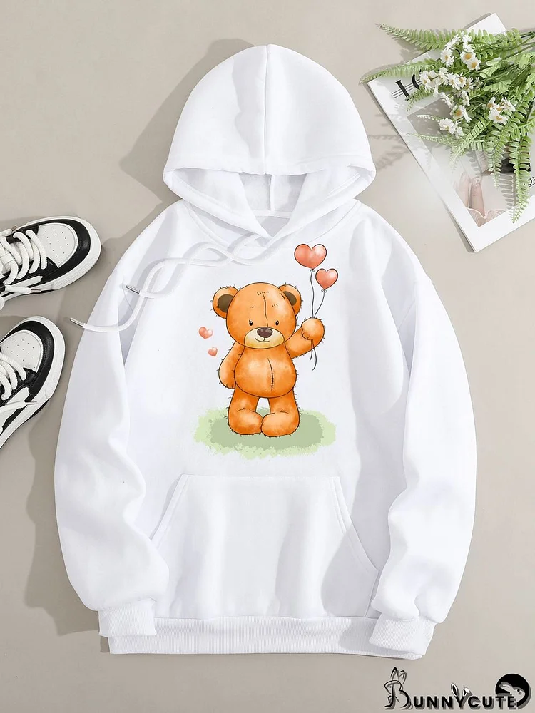 Printed on front Kangaroo Pocket Hoodie Long Sleeve for Women Pattern Bears and Balloons