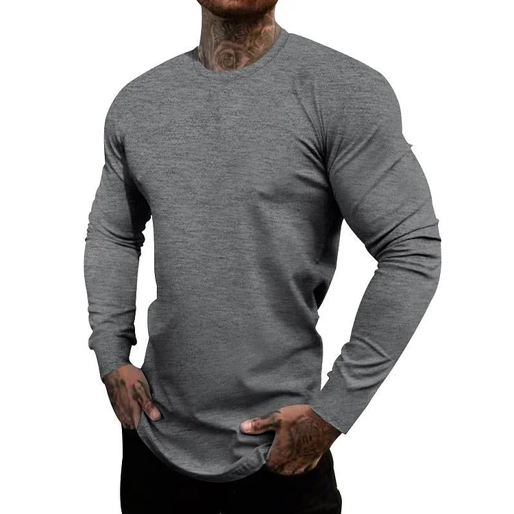 Men's Casual Cotton Blended Solid Color Round Neck Long Sleeve T-Shirt