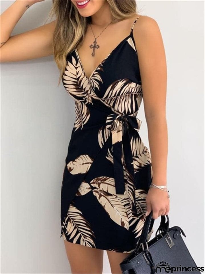 Sexy Pretty Spaghetti Strap Wrap Design Floral Print Side Tie Fastening Dress