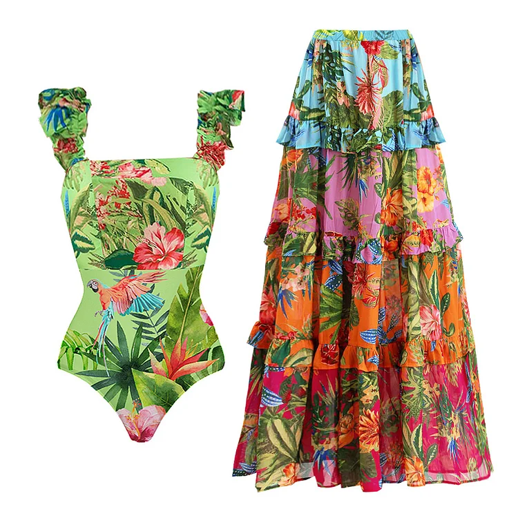 Sling Ruffle Printed One Piece Swimsuit and Skirt(Shipped on May 15th)