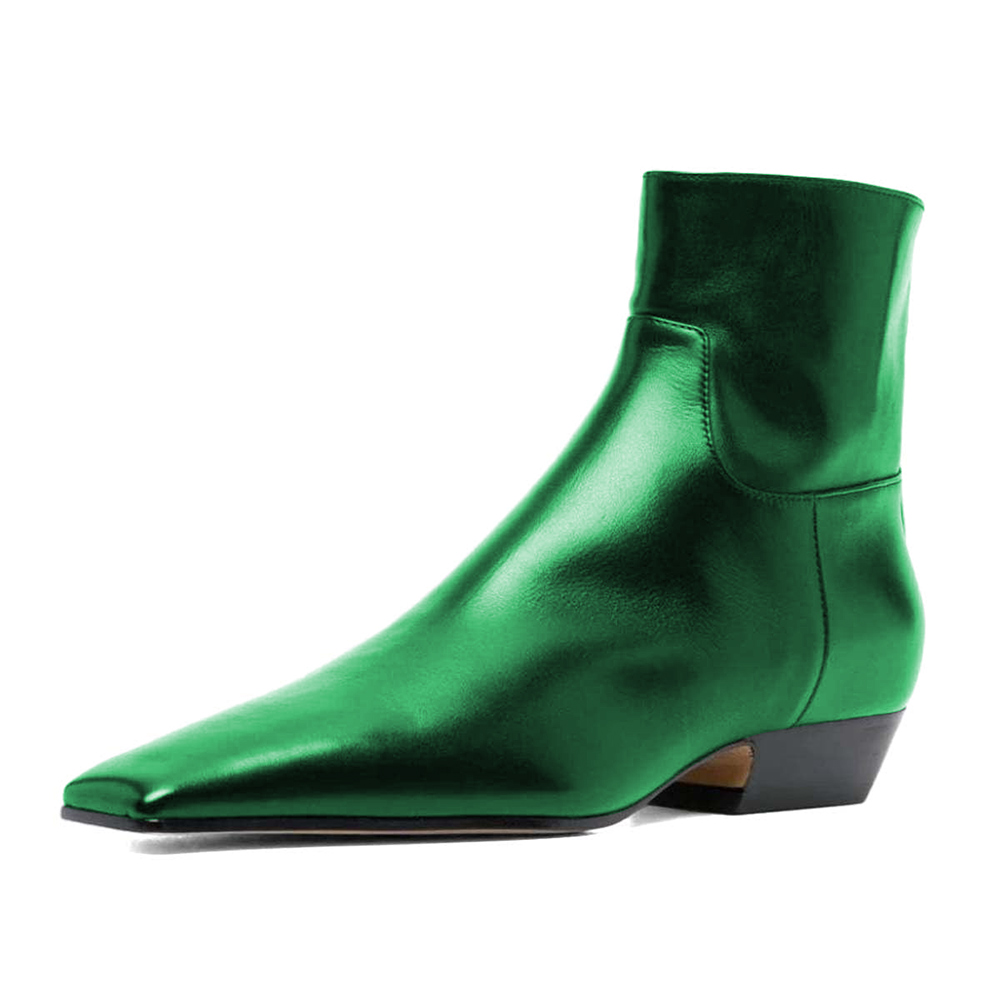 Dark Green Square Toe Low Heel Ankle Boots for Women with Zipper Nicepairs