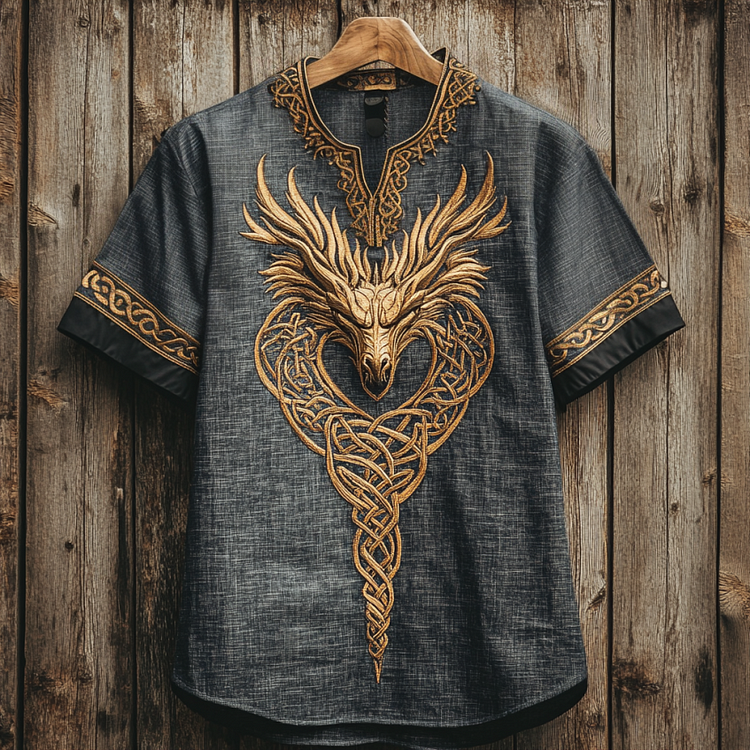 Men's  Viking Tribal Dragon With Celtic Knotwork Embroidery Art  Linen Round Neck T-shirt