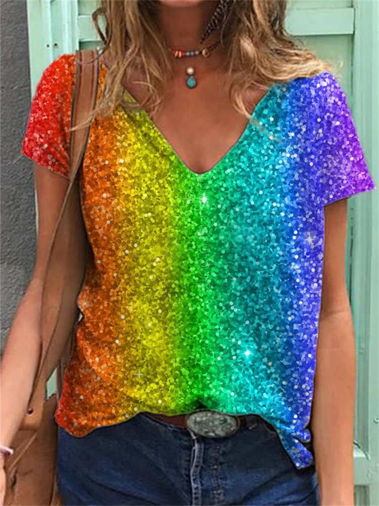Rainbow Gradient Glitter V Neck T Shirt