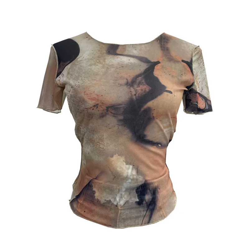 Uveng Single-Layer Thin Mesh Tie-Dye-Repair Short-Sleeved T-Shirt For Girls Summer Short-Sleeved Hottie Top 9917