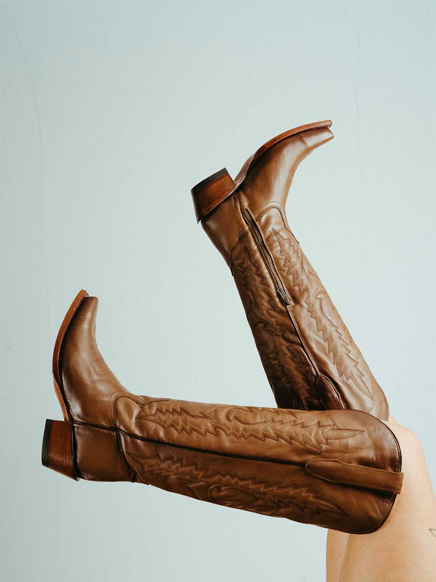Brown Distressed Snip Toe Embroidered Heeled Wide Calf Cowgirl Boots
