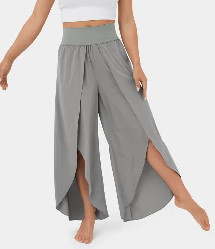Mature Women Loose Split Yoga Pants Summer Elastic High Waist Wide Leg Trousers