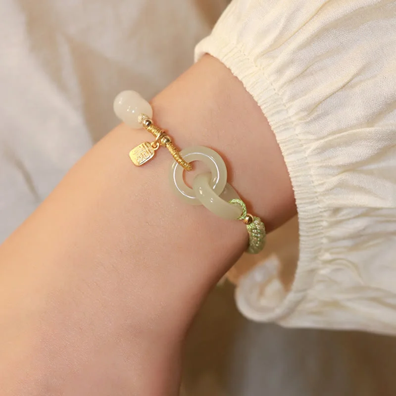 Natural Hetian Jade Bead Double Peace Buckle Fu Character Abundance Braided Bracelet