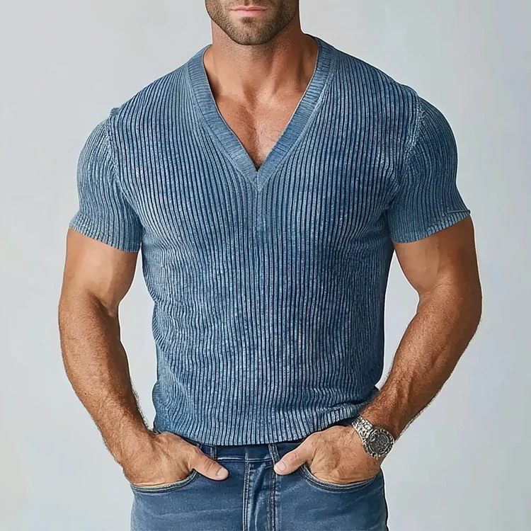 Okaywear Distressed Knit V Neck Short Sleeve T-Shirt 