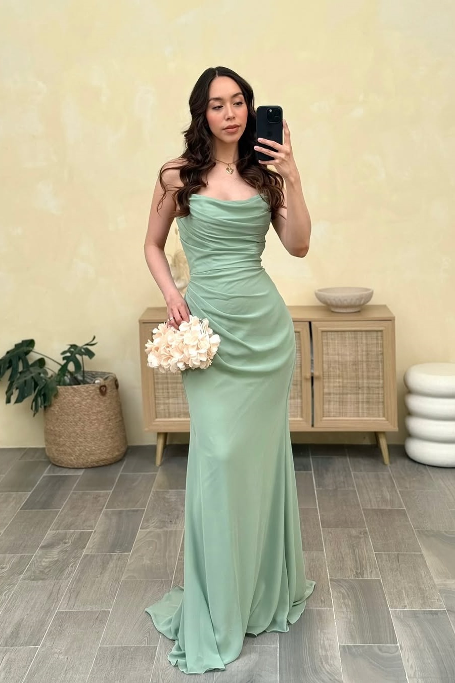 Ovlias Gentle Dusty Sage Semi-Sweetheart Prom Dress with Pleated QJ0014