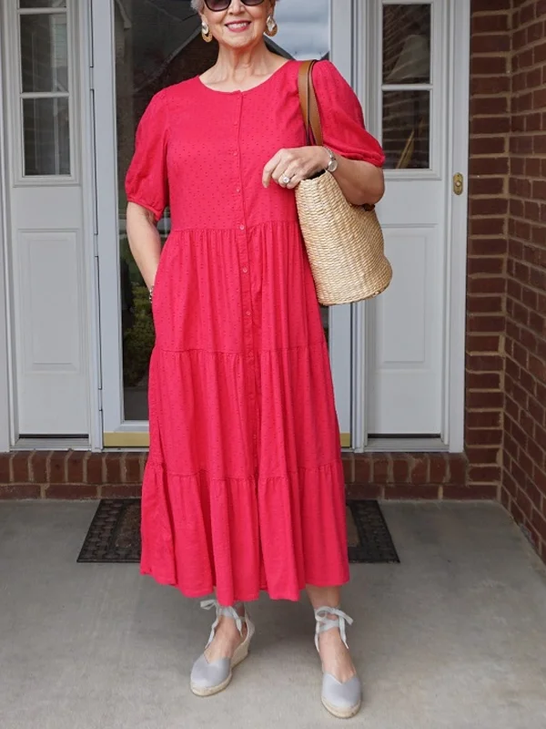 Round Neck Solid Color Buttons Maxi Dress