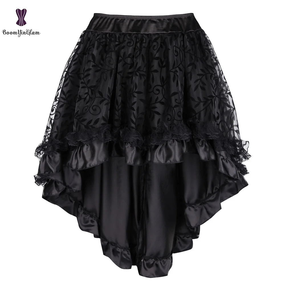 Black Women's Victorian Asymmetrical Ruffled Satin Lace Trim Gothic Skirts Vintage Corset Steampunk Skirt Cosplay Costumes 937#