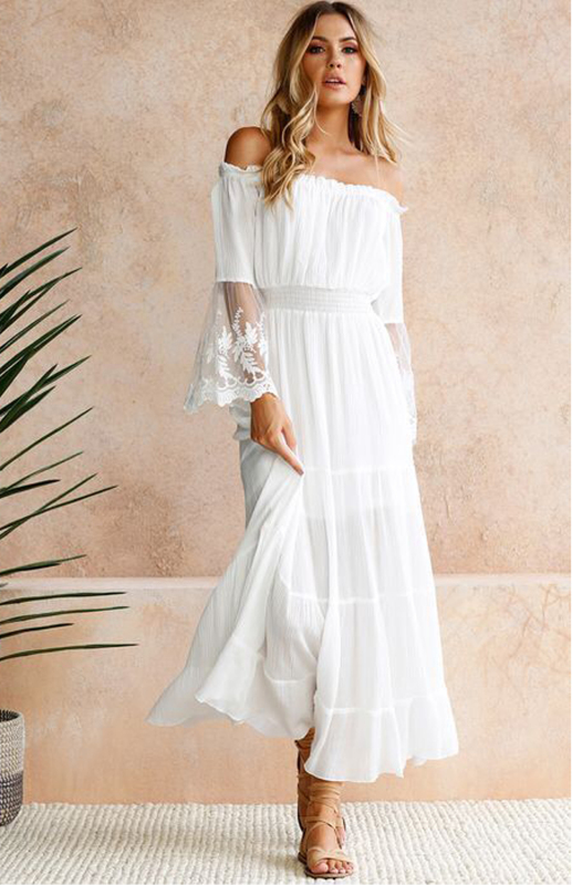 Off shoulder long dress maxi dress holiday outfit lace stitching dress for women