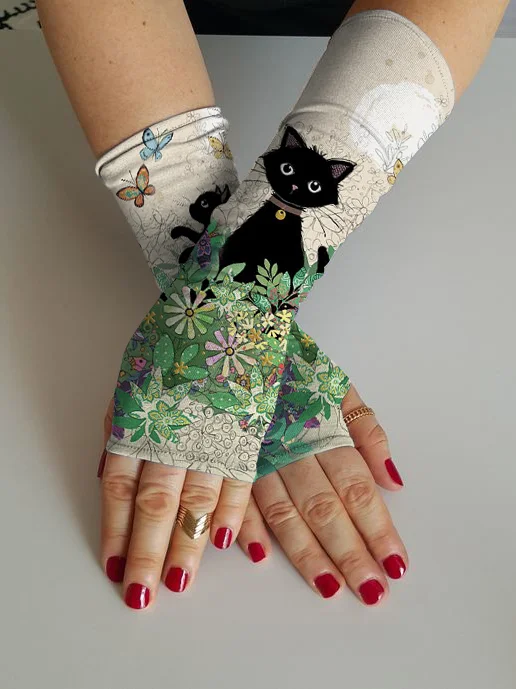Retro cat print sleeve decoration fingerless sleeve gloves sun protection