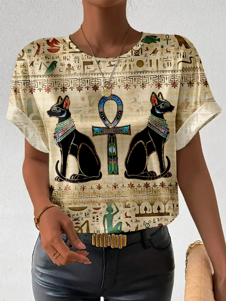 Egyptian Cats And Ankh Cross Vintage Cozy T Shirt