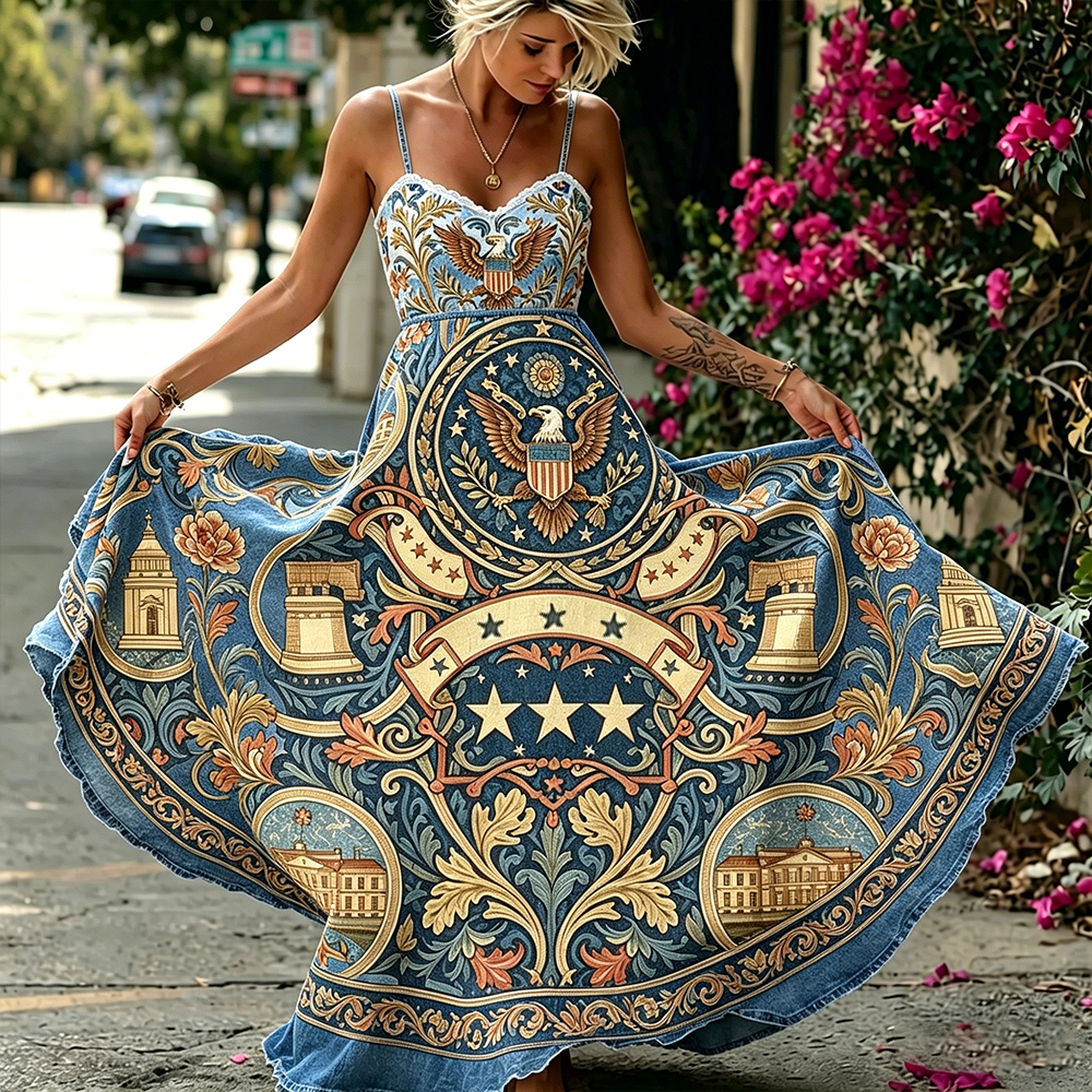  Women's American Independence Day Commemorative Floral Print Imitation Denim Cotton Linen Spaghetti Strap Dress Westsshops