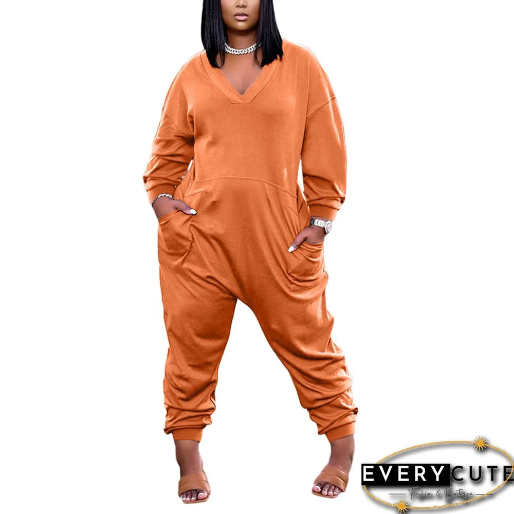 Orange Back Zipper V Neck Plus Size Jumpsuit
