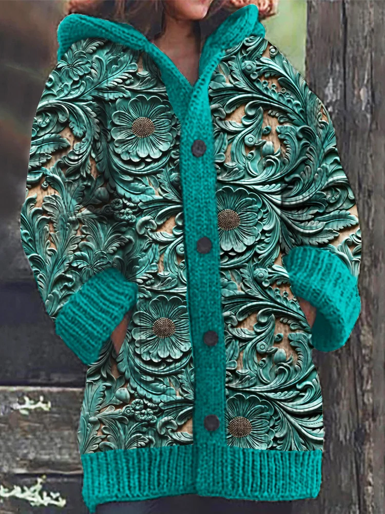 VChics Western 3D Floral Pattern Hooded Cardigan