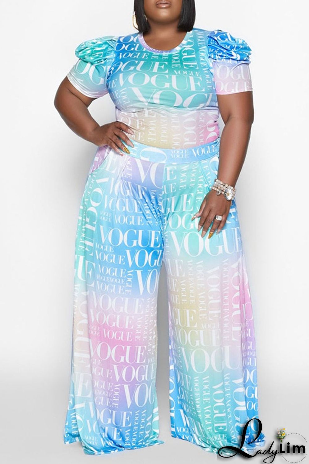 Cyanine Casual Print Patchwork O Neck Plus Size Two Pieces