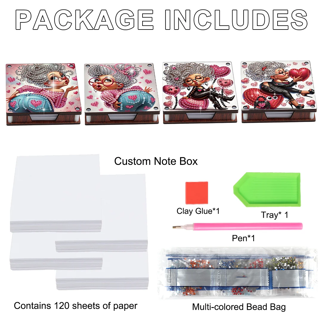 4pcs Wooden DIY Funny Old Lady Diamond Painting Kit Note Box with 480 Papers