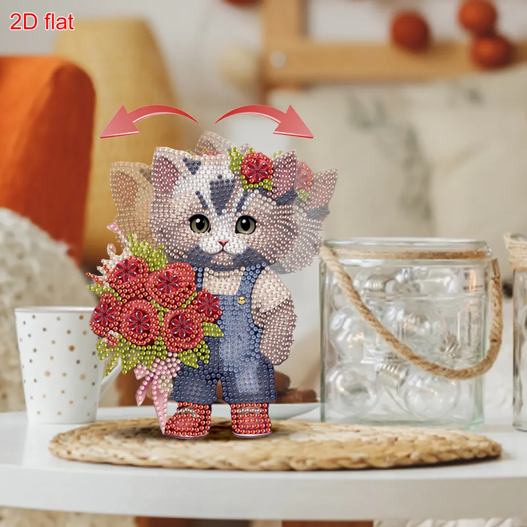 Cat Rose DIY 2D Flat Acrylic Desktop Diamond Art Kit with Rocking Function Decor