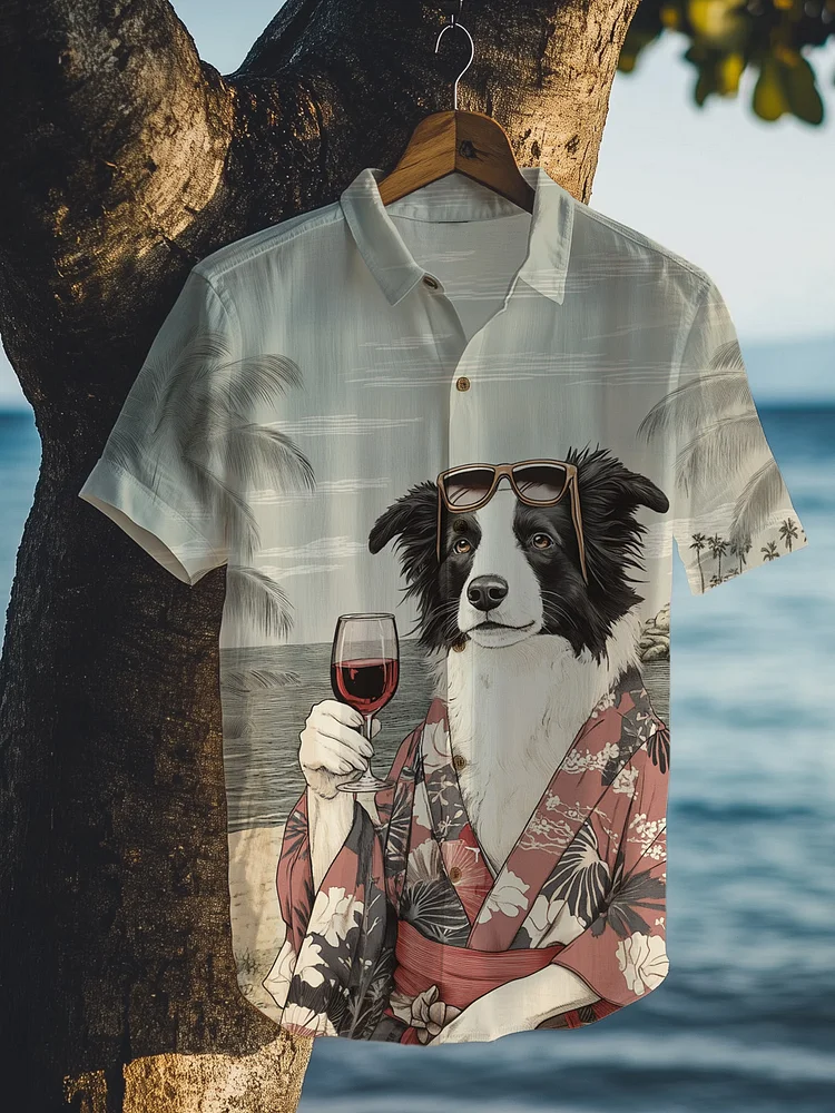 Men's International Dog Day Border Collie And Red Wine Print Short Sleeve Shirt
