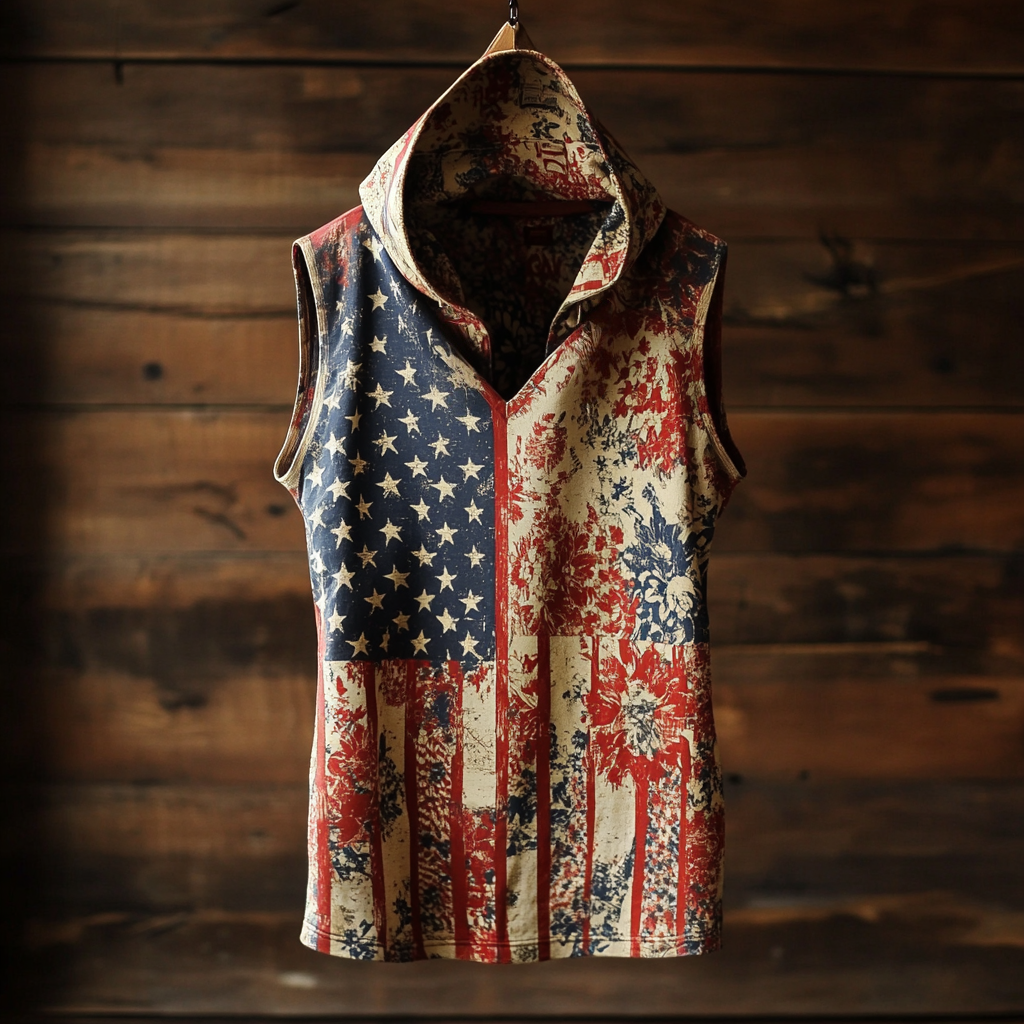 Comstylish Men's Flag Floral Print Cotton And Linen Hooded Vest